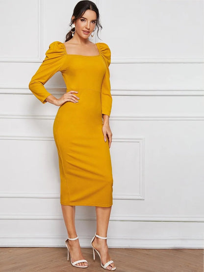 Gigot Sleeve Slit Hem Pencil Dress Periwinkley Shop