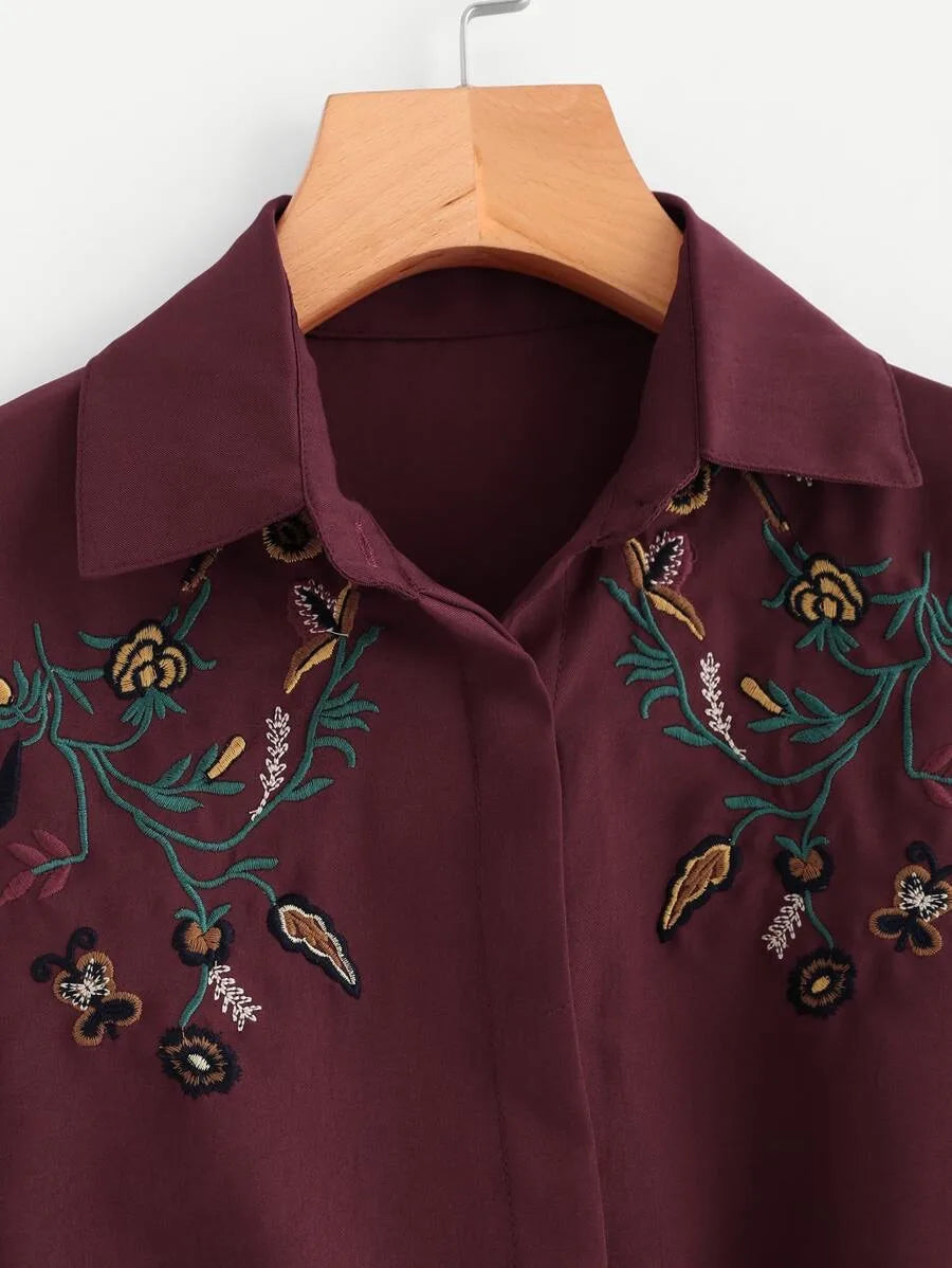 Embroidery Knotted Hem Shirt Periwinkley Shop