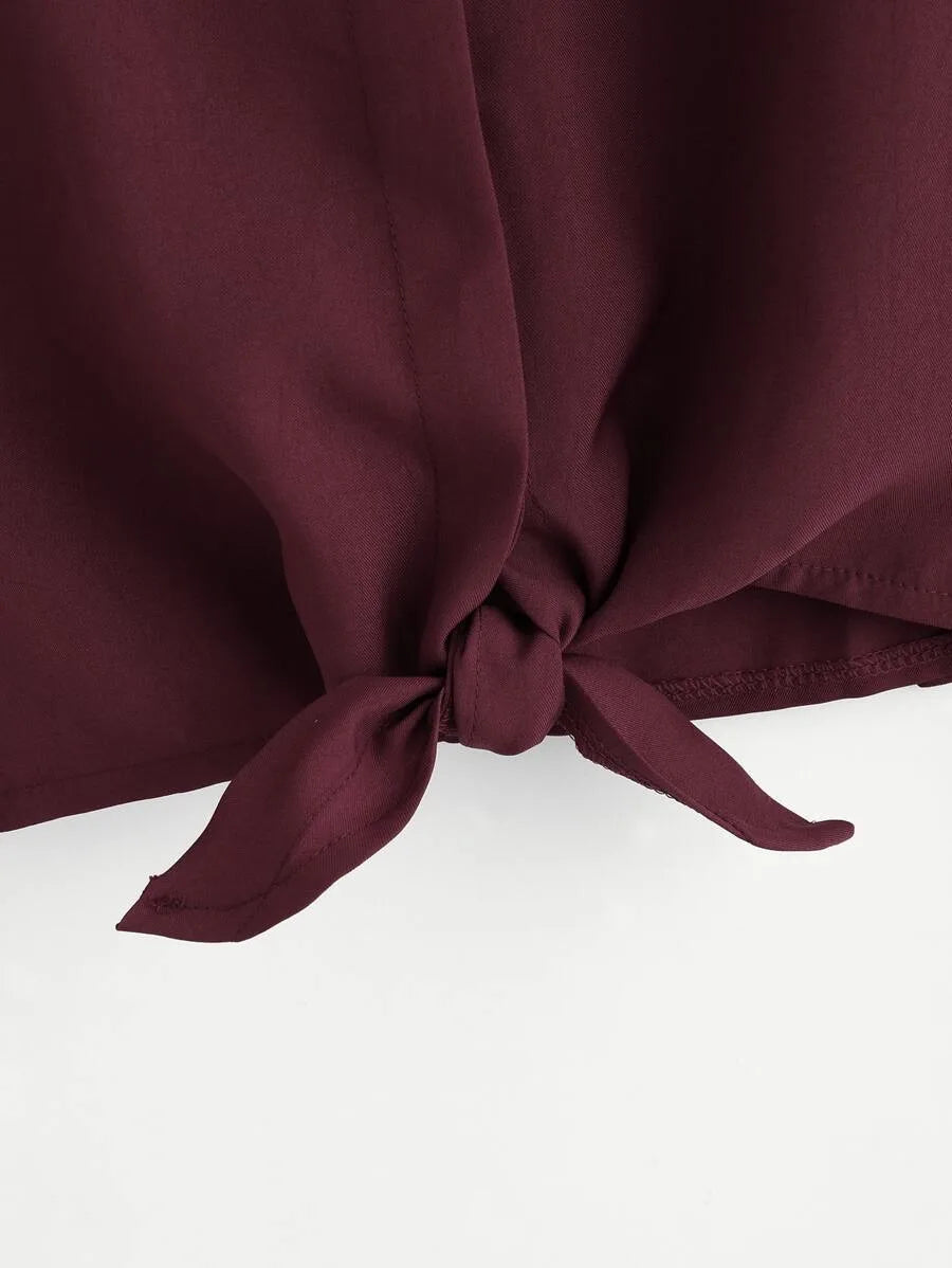 Embroidery Knotted Hem Shirt Periwinkley Shop