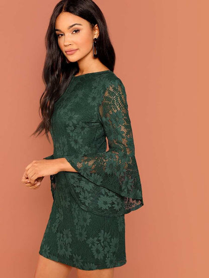 Flounce Sleeve Guipure Lace V Back Dress Periwinkley Shop