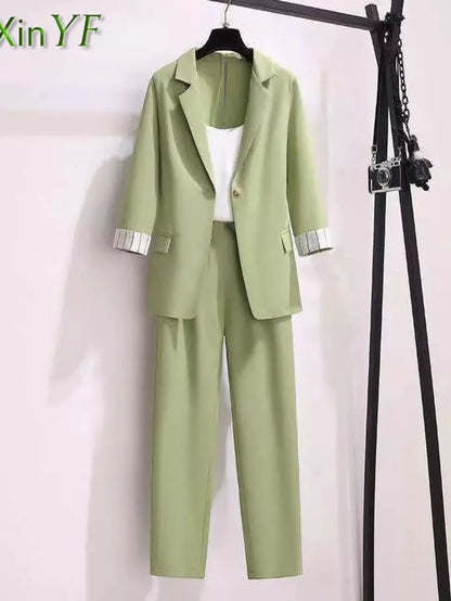 Three-piece Korean Elegant Top Blazers Coat Trousers Set Periwinkley Shop