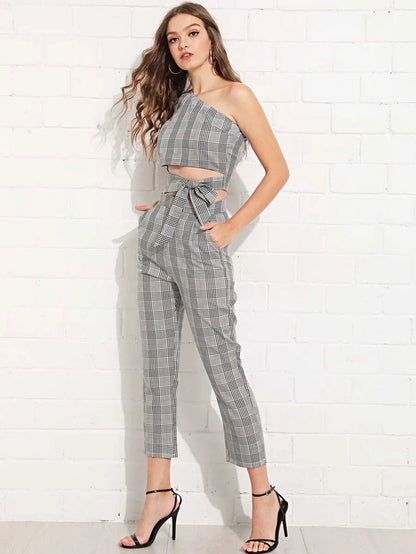 Glen plaid one shoulder knot top with pants Periwinkley Shop