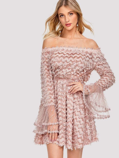 Layered Fringe Embellished Flounce Sleeve Bardot Dress Periwinkley Shop