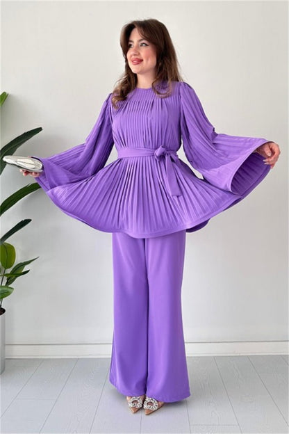 Women's Fashion Casual Belt Pleated Loose Top Wide Leg Pants Two Piece Set-  purple Periwinkley Shop
