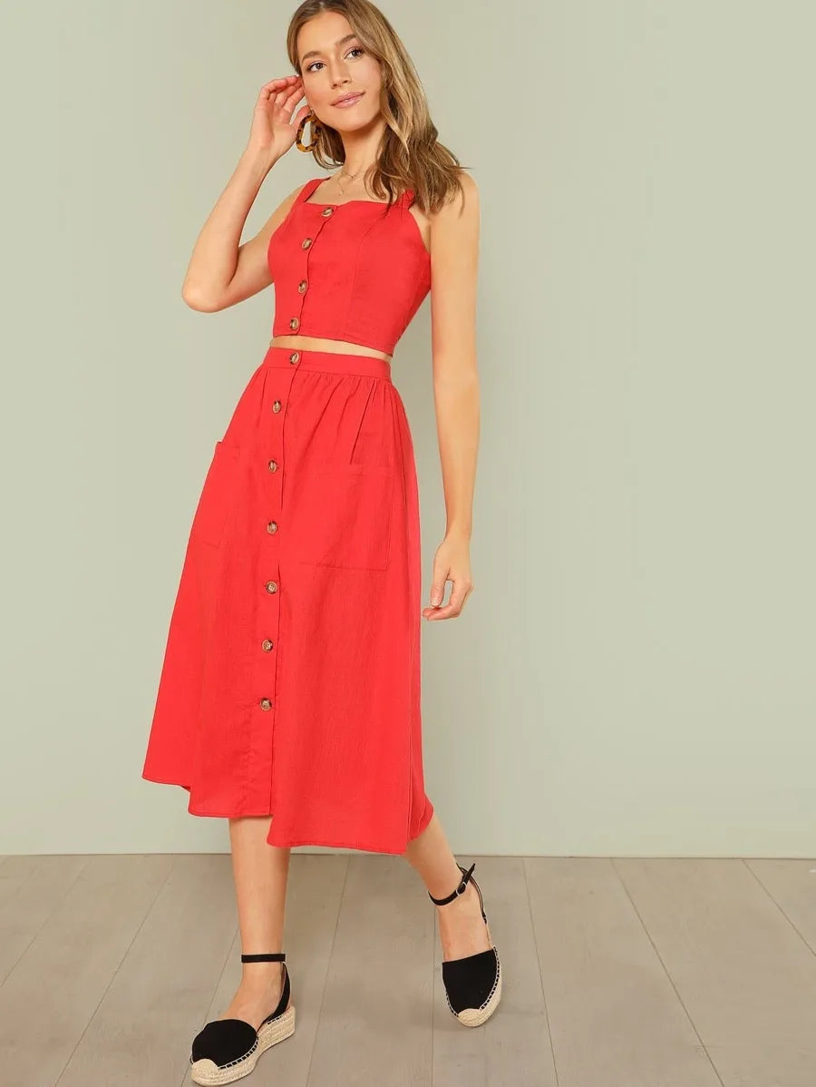 Button Up Crop Cami Top & Flare Skirt Set Periwinkley Shop
