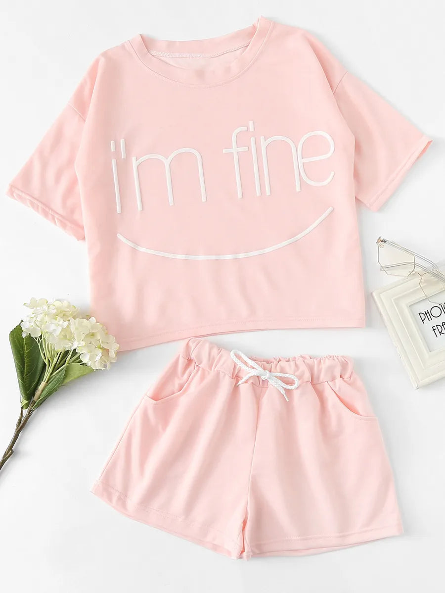 Drop Shoulder Slogan Print Top With Shorts Periwinkley Shop