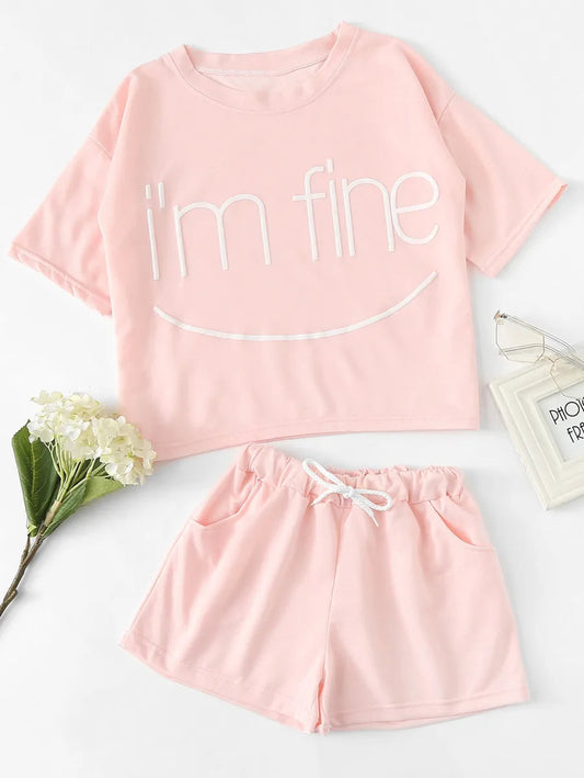 Drop Shoulder Slogan Print Top With Shorts Periwinkley Shop