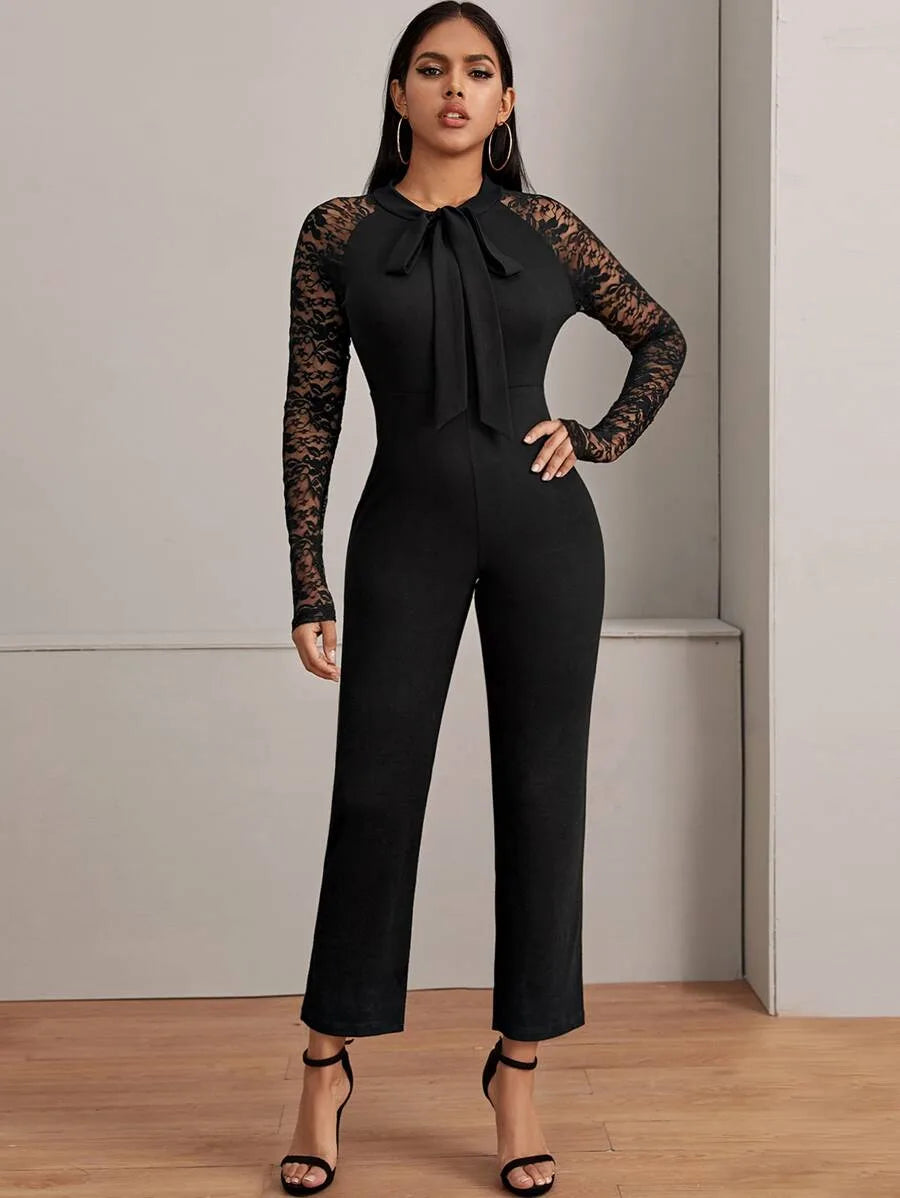 Contrast Lace Tie Neck Solid Jumpsuit Periwinkley Shop