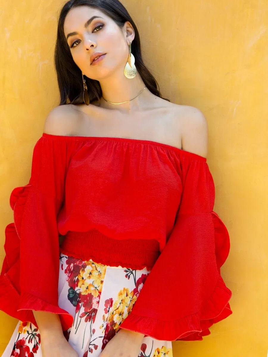 Split Trumpet Sleeve Hem Bardot Top Periwinkley Shop