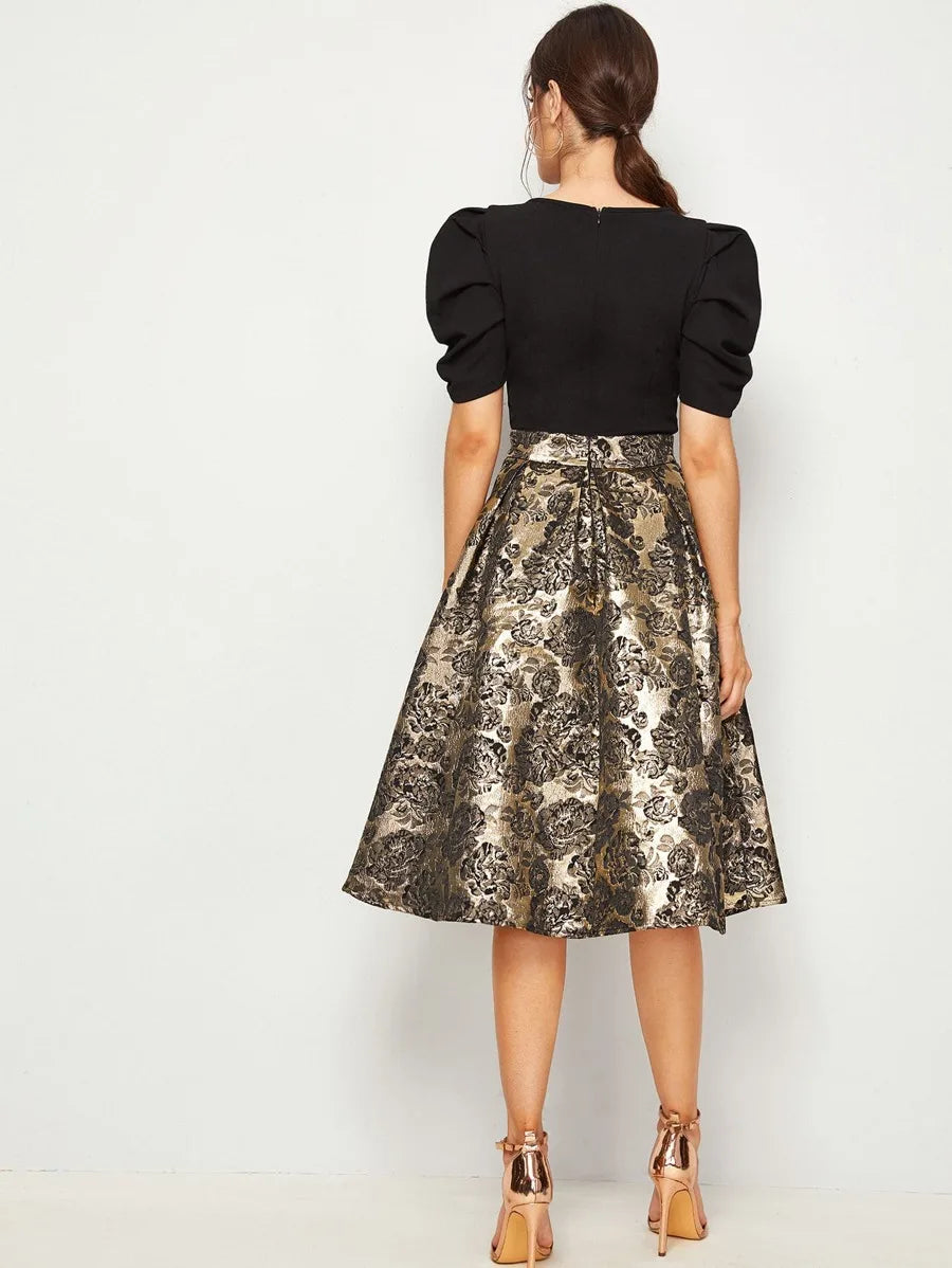 Solid Puff Sleeve Bodice Jacquard Flared Dress Periwinkley Shop