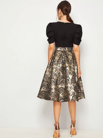 Solid Puff Sleeve Bodice Jacquard Flared Dress Periwinkley Shop