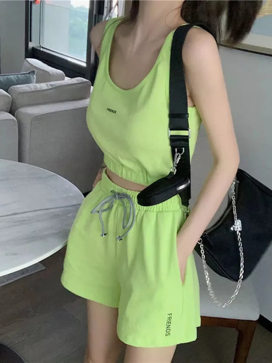 Two Piece Sets Fashion Sleeveless Vest + Elastic Waist Shorts Tracksuit Set Periwinkley Shop