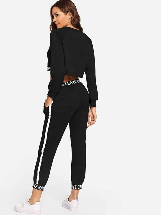 Letter Print Crop Top With Drawstring Pants Periwinkley Shop