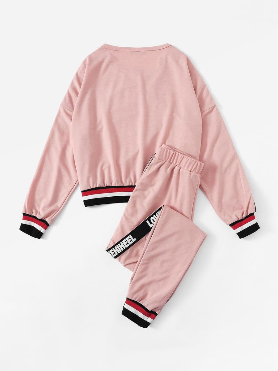 Contrast Letter Tape Side Pullover & Pants Set Periwinkley Shop