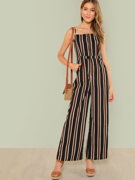 O-Ring Zip Front Striped Cami Jumpsuit Periwinkley Shop