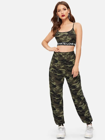 Lettered trim camo sports  bra and sweatpants set Periwinkley Shop
