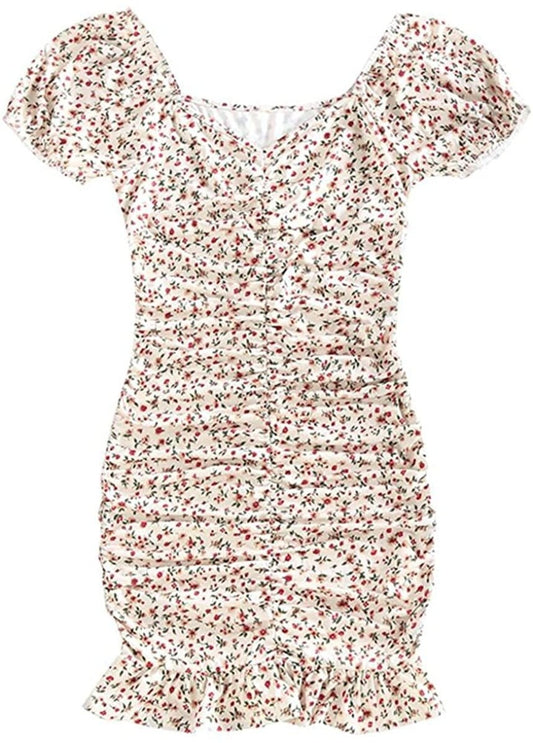 Ditsy Print Puff Sleeve Ruched Mini Mermaid Dress Periwinkley Shop
