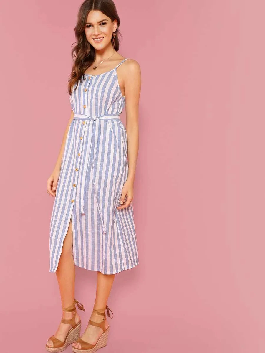 Button Through Self Belt Stripe Cami Dress Periwinkley Shop