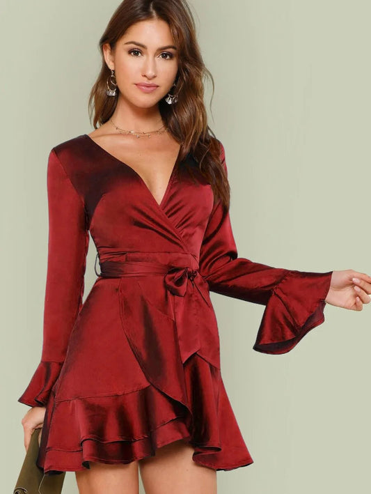 Satin Split Back Tiered Ruffle Belted Dress Periwinkley Shop