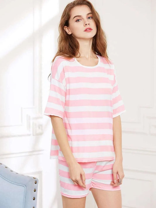 Contrast Striped Tee And Shorts Pajama Set Periwinkley Shop