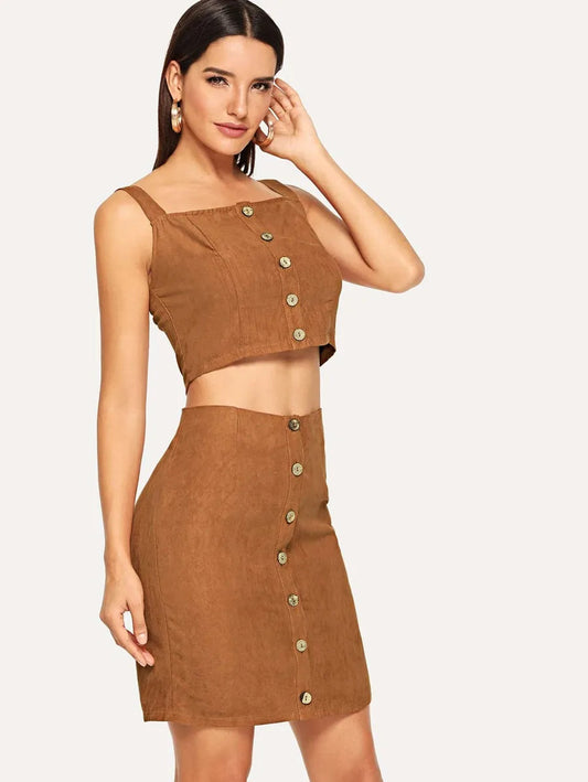 Button Front Crop Top and Skirt Set Periwinkley Shop