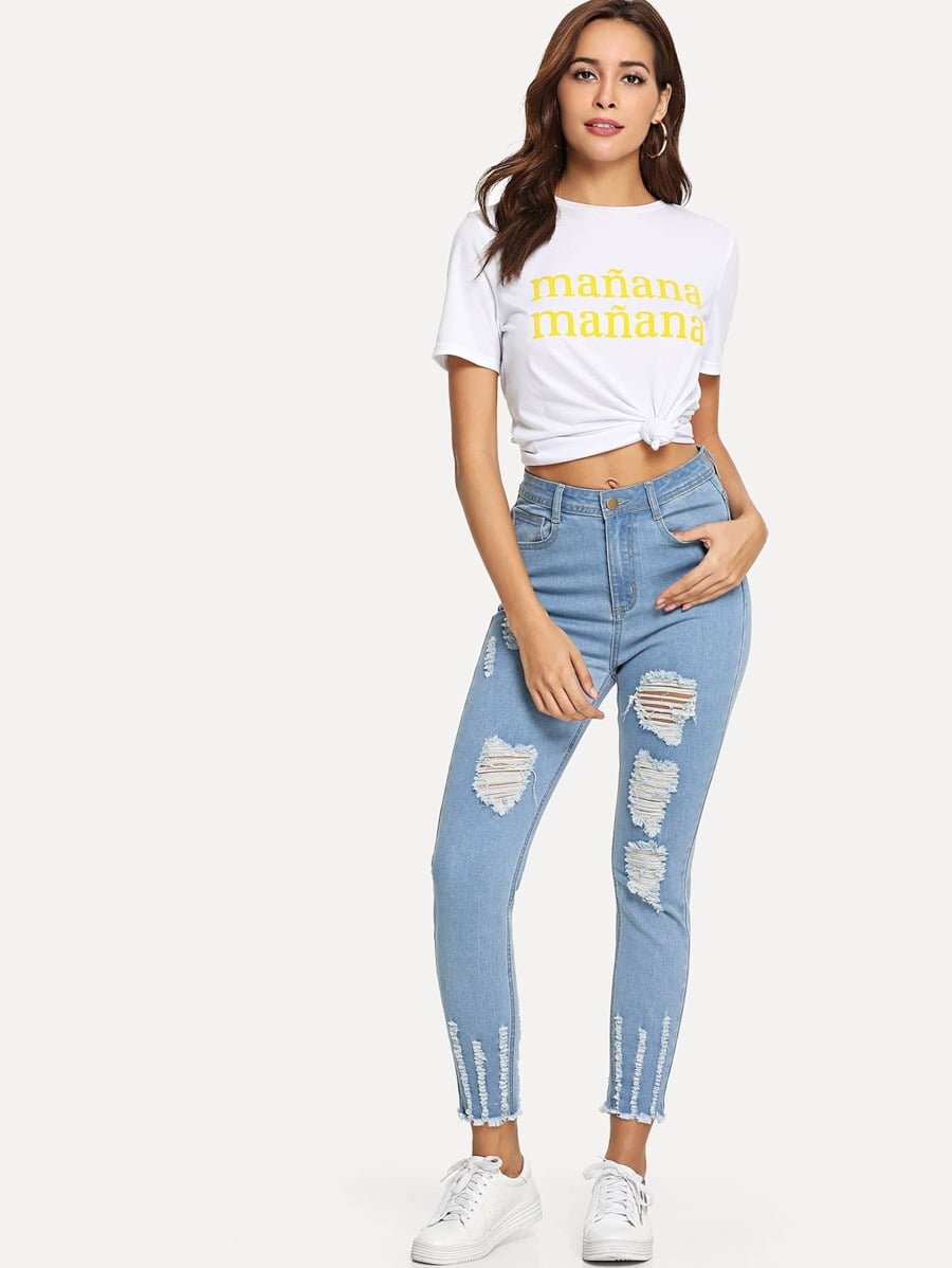 Distressed Raw Hem Jeans Periwinkley Shop