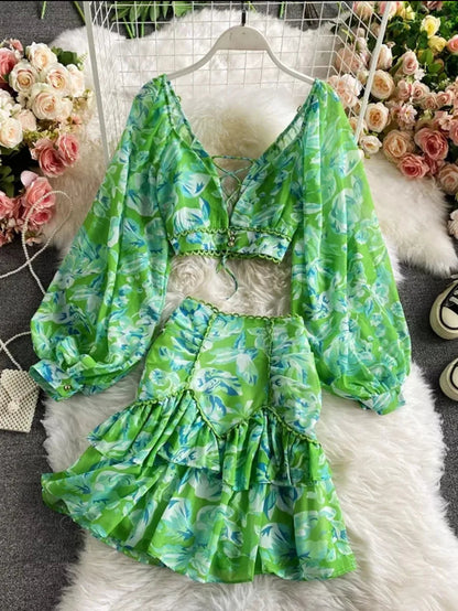 Floral print two piece set chiffon dress Periwinkley Shop