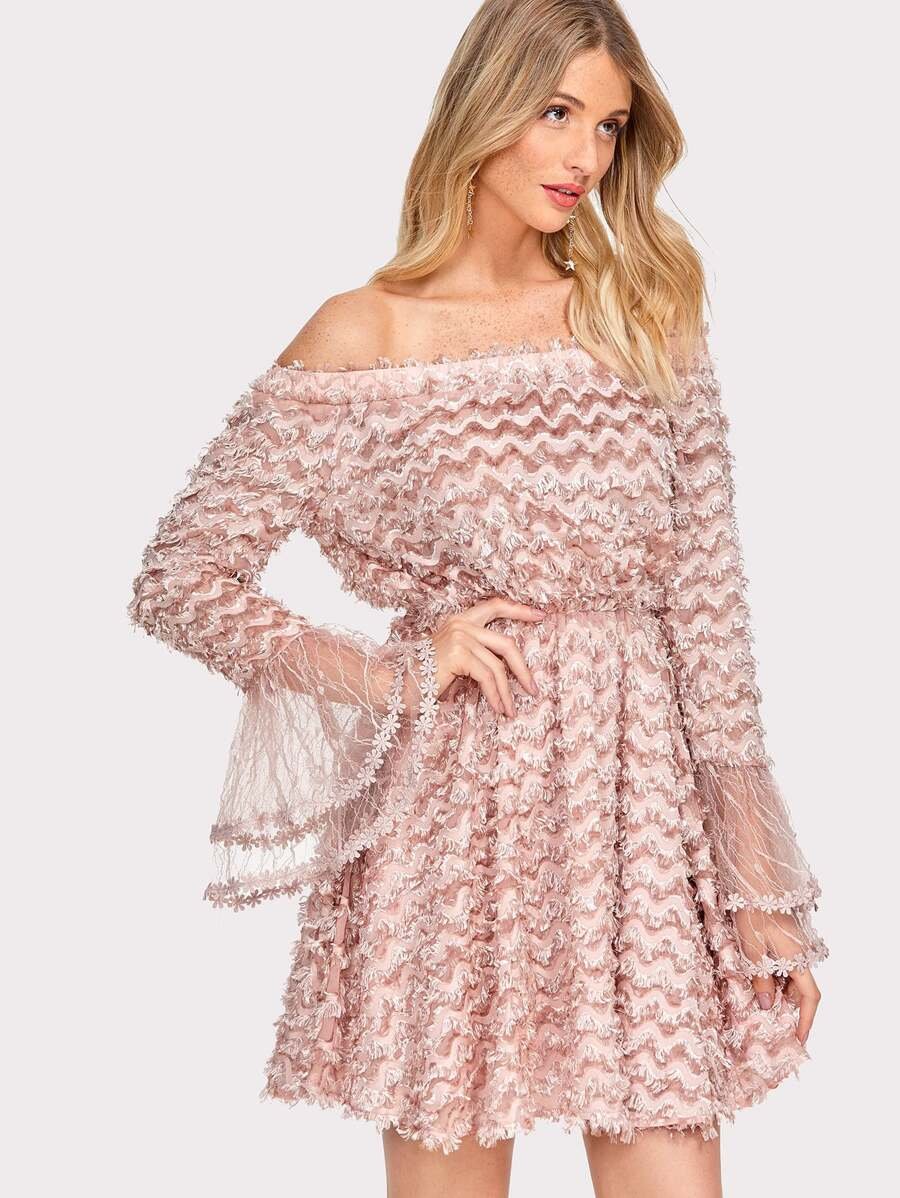 Layered Fringe Embellished Flounce Sleeve Bardot Dress Periwinkley Shop