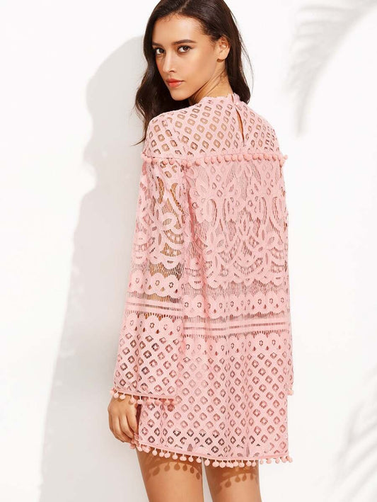 Crochet Pom-pom Trim Sheer Lace Dress Periwinkley Shop