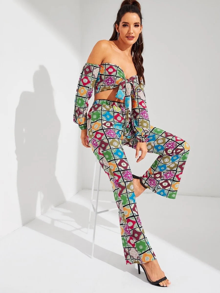 Knot Front Allover Print Top & Pants Co-Ord Periwinkley Shop