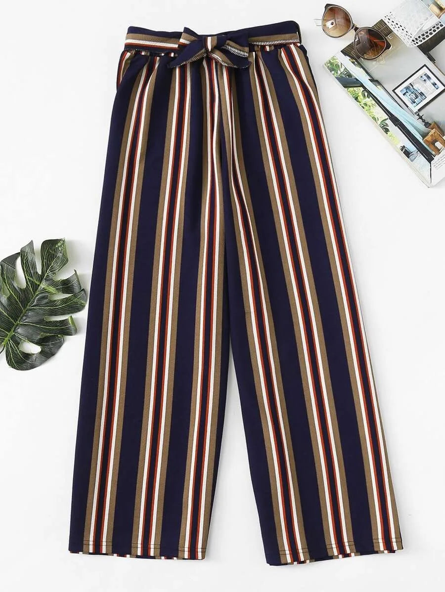 Block Striped Tie Detail Wide Leg Pants Periwinkley Shop