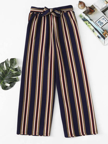 Block Striped Tie Detail Wide Leg Pants Periwinkley Shop