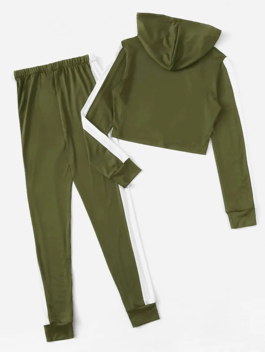 Contrast Panel Drawstring Hooded Top With Pants Periwinkley Shop