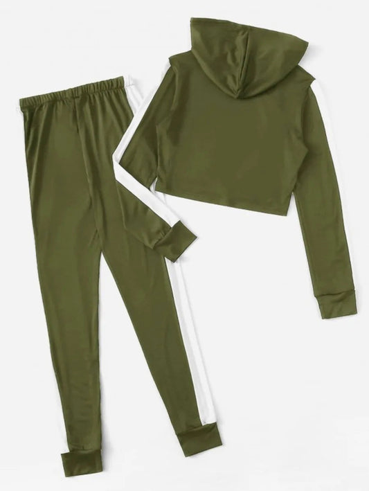 Contrast Panel Drawstring Hooded Top With Pants Periwinkley Shop