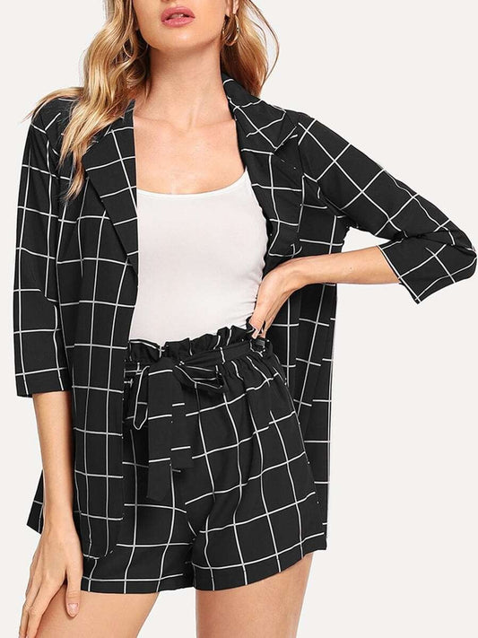 Plaid Blazer With Self Tie Waist Shorts Periwinkley Shop
