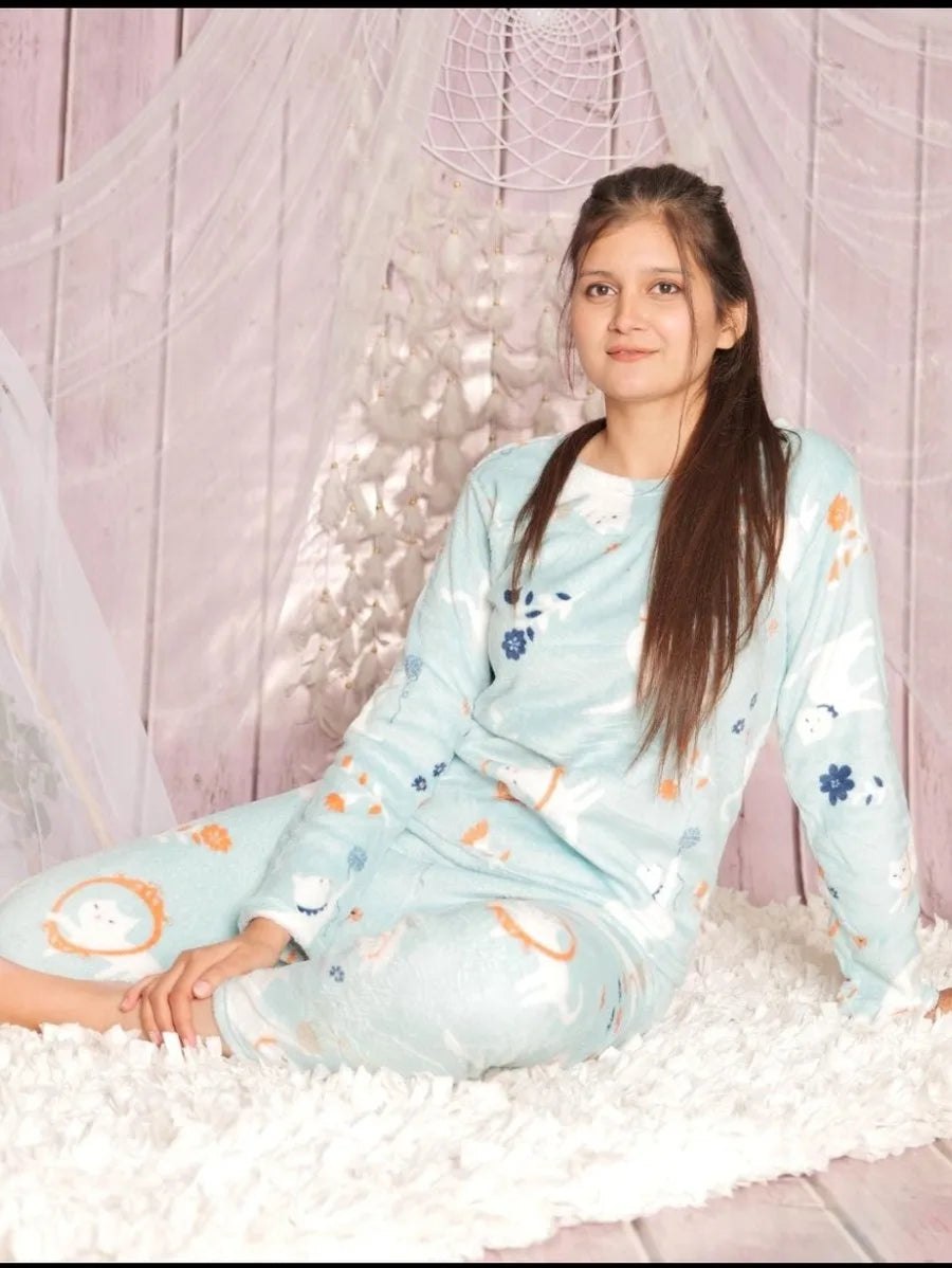 Blue Cartoon Winter Female Warm Pyjamas Suit Periwinkley Shop