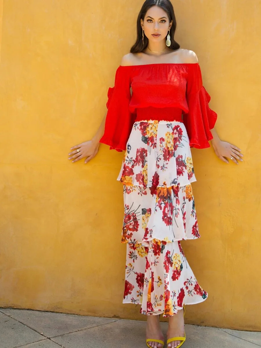 Split Trumpet Sleeve Hem Bardot Top Periwinkley Shop