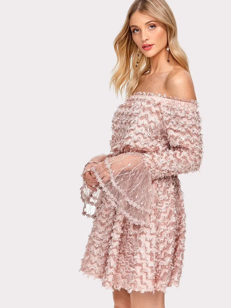 Layered Fringe Embellished Flounce Sleeve Bardot Dress Periwinkley Shop
