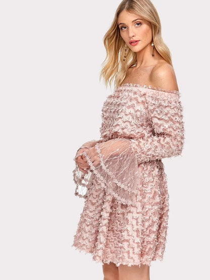 Layered Fringe Embellished Flounce Sleeve Bardot Dress Periwinkley Shop