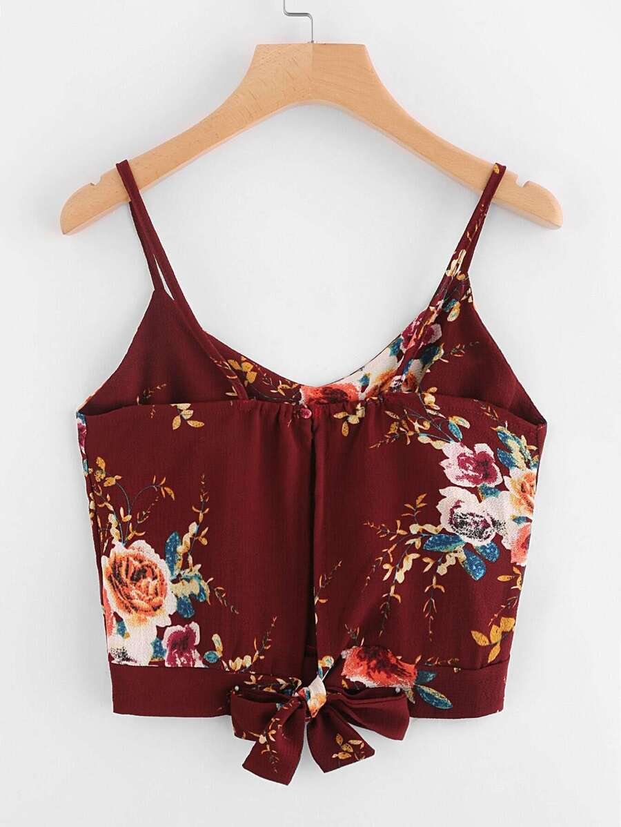 Floral Print Random Split Tie Back Cami Top Periwinkley Shop