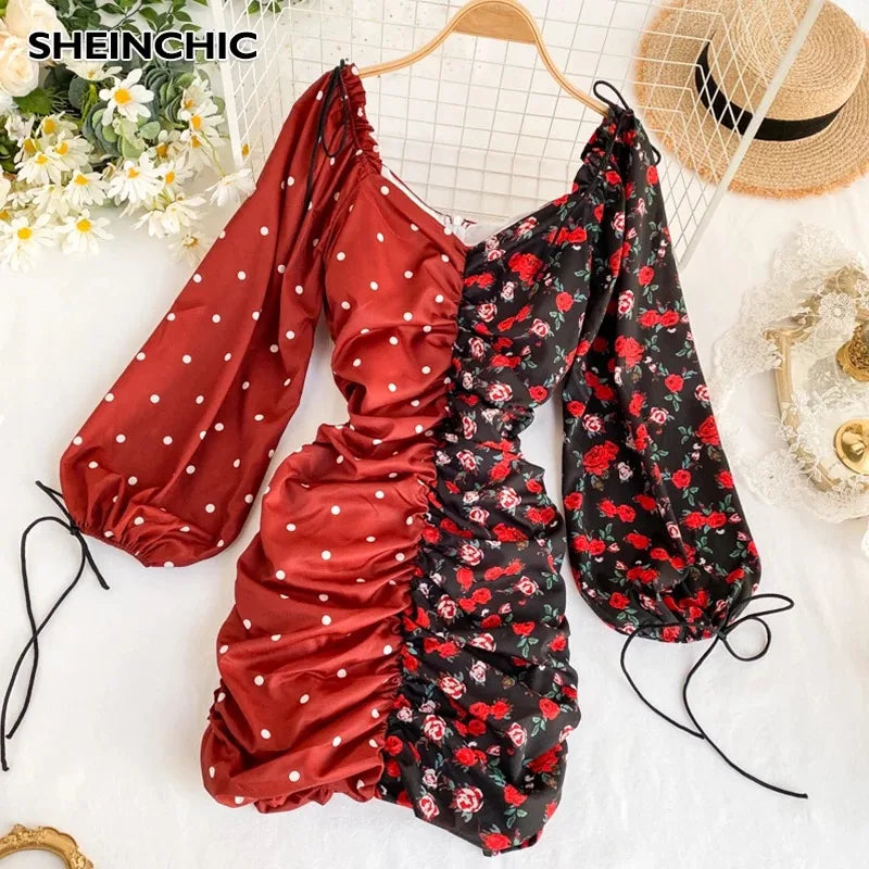 Fashion Patchwork Print Puff Long Sleeve Dress Periwinkley Shop