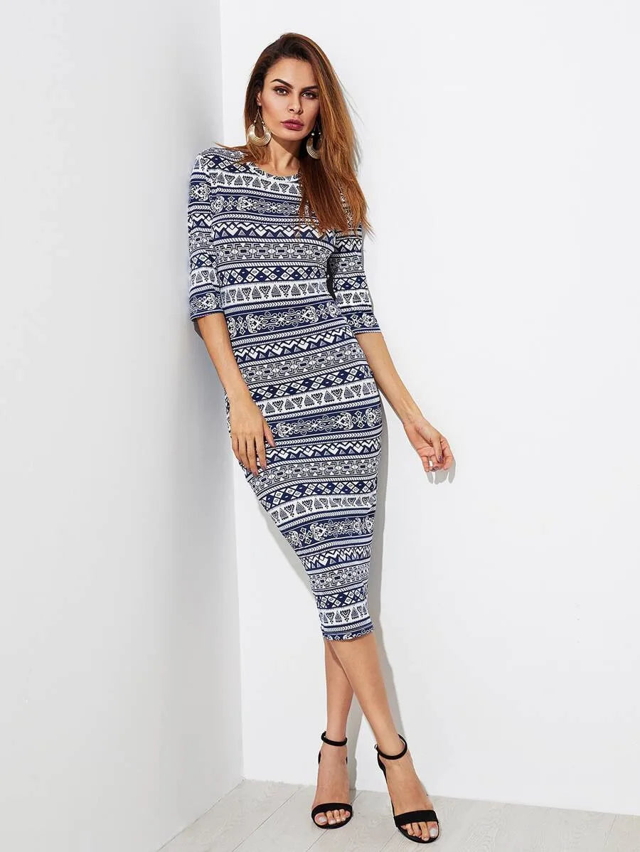 Tribal Print Form Fitting Dress Periwinkley Shop