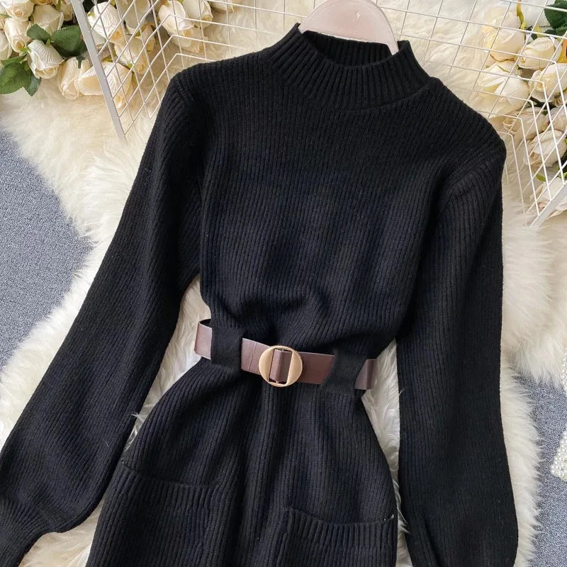 Guilantu Knitting Spring Autumn Turtleneck Puff Sleeve dress - Black Periwinkley Shop