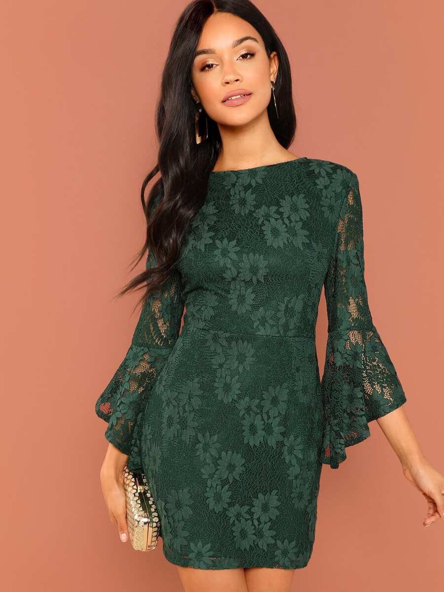 Flounce Sleeve Guipure Lace V Back Dress Periwinkley Shop