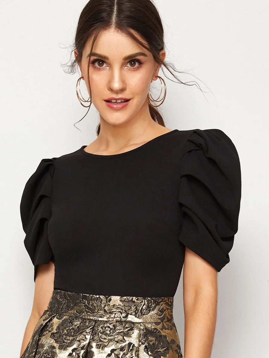 Solid Puff Sleeve Bodice Jacquard Flared Dress Periwinkley Shop
