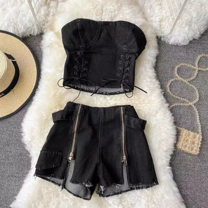 Two Piece Set Denim  Short Strapless Bra Top Retro Denim Shorts Periwinkley Shop