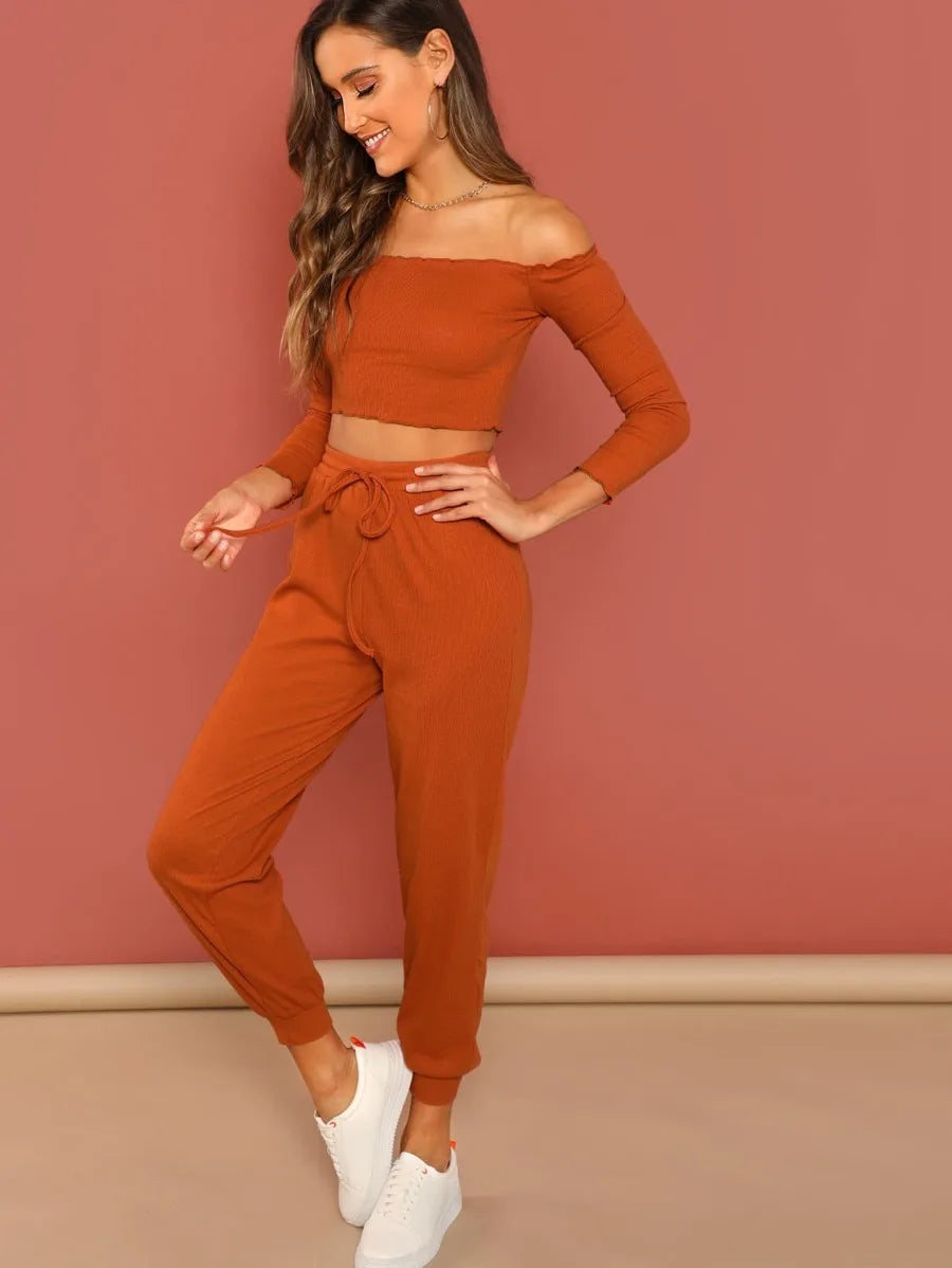 Crop Bardot Top & Pants Set Periwinkley Shop