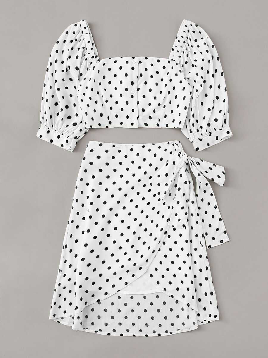 Buttoned Crop Polka Dot Top & Knot Overlap Skirt Set Periwinkley Shop