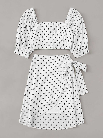 Buttoned Crop Polka Dot Top & Knot Overlap Skirt Set Periwinkley Shop