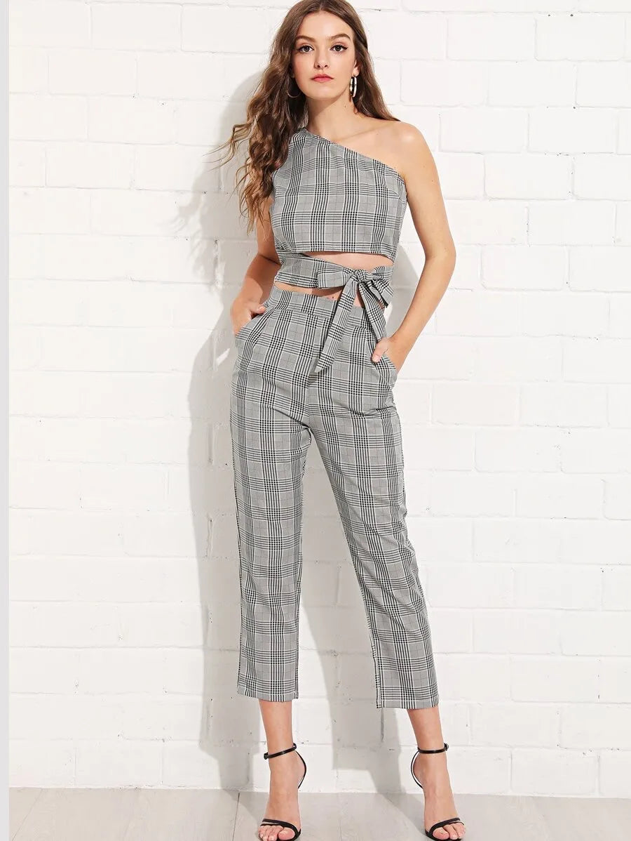 Glen plaid one shoulder knot top with pants Periwinkley Shop